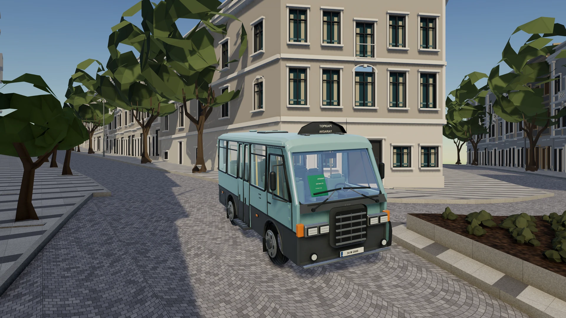 Akaretler sıra evlerinin önündeki açık turkuaz Magirus M2000 otobüsün Unity’de hazırlanmış sinematik görüntüsü